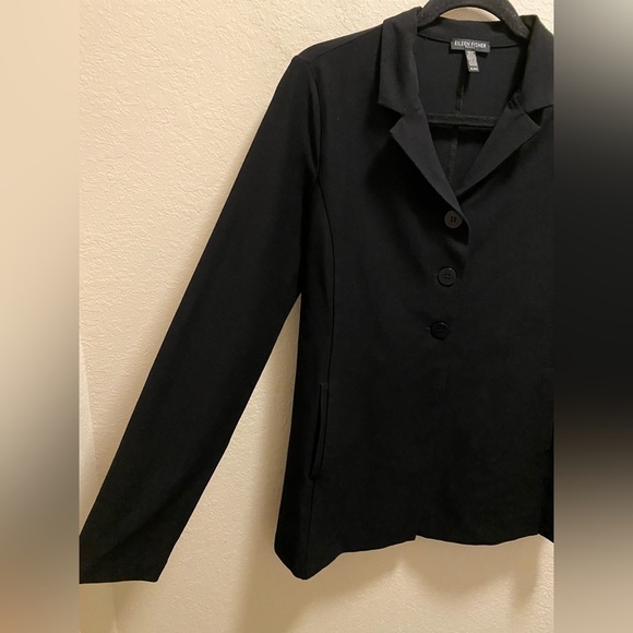 Eileen Fisher Black Stretch Three Button Long Sleeve Blazer Size Petite Large - Picture 7 of 10